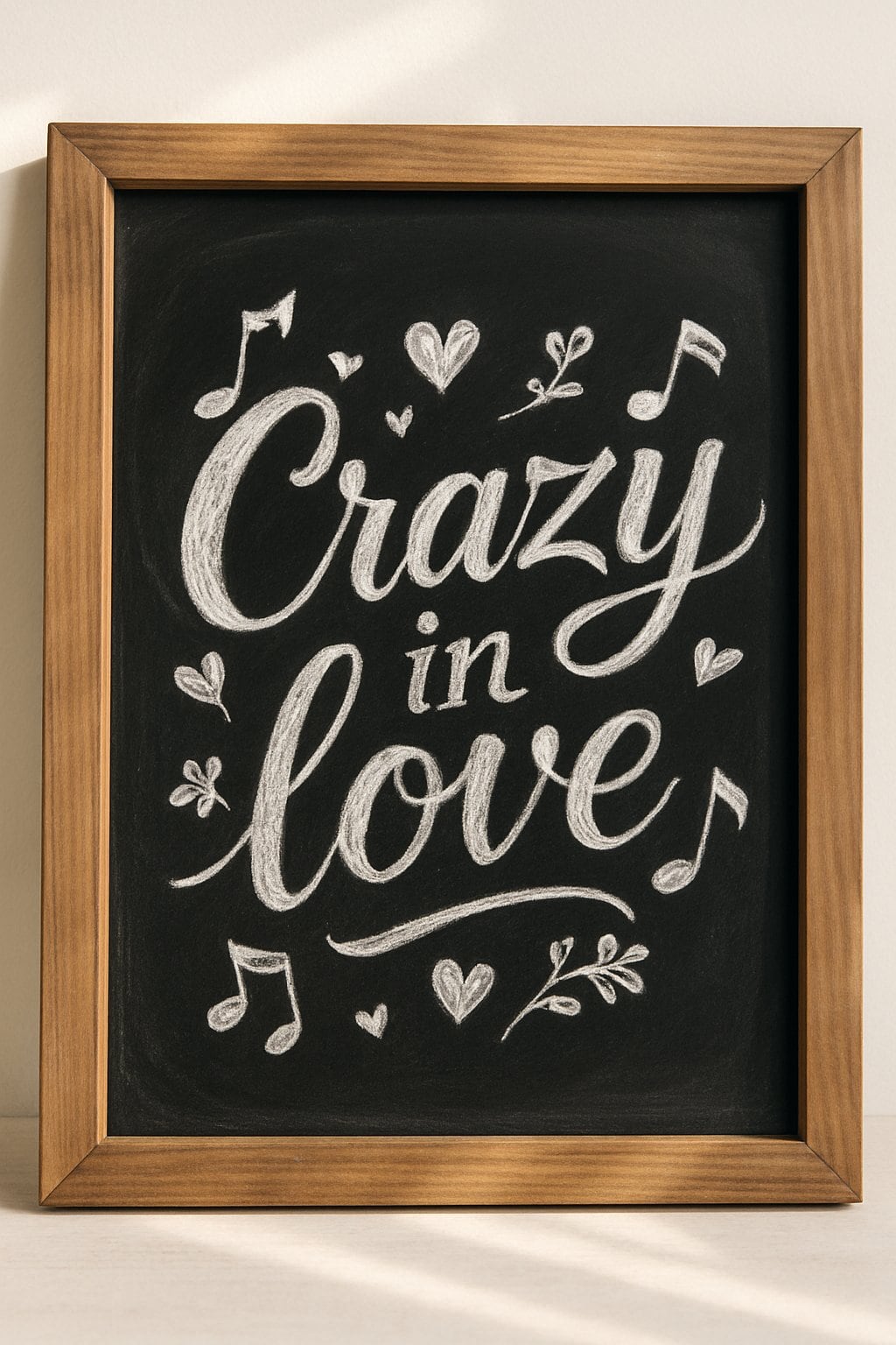 A wood-framed chalkboard sign with hand-drawn script and musical notes surrounded by small hearts and floral accents.