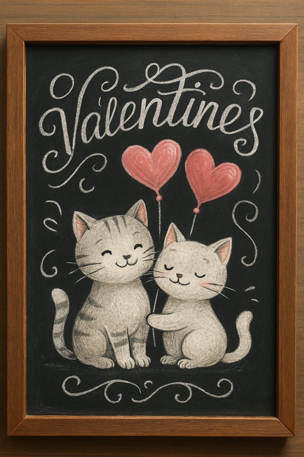 Two cats holding heart-shaped balloons on a chalkboard sign framed in wood.