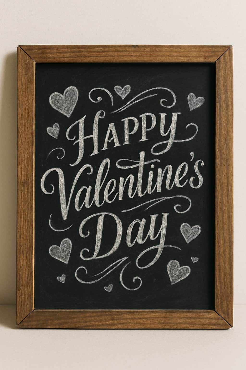 A wood-framed chalkboard sign with hand-drawn chalk art featuring hearts and decorative flourishes, set against a clean background with natural lighting.