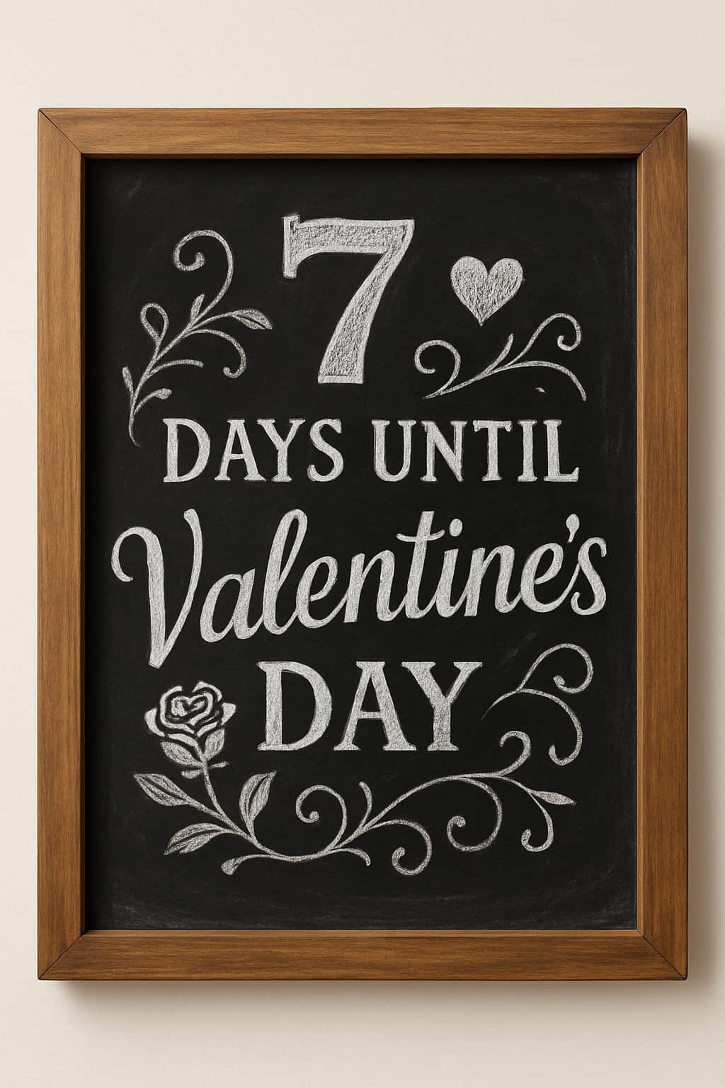 A wood framed chalkboard sign with artistic chalk lettering and Valentine’s Day themed decorations on a clean background.