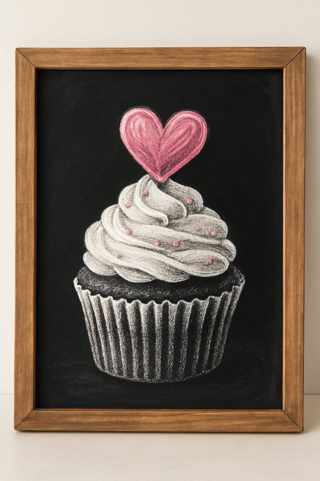 A wood framed chalkboard sign displaying a detailed chalk drawing of a cupcake with a heart-shaped topper.