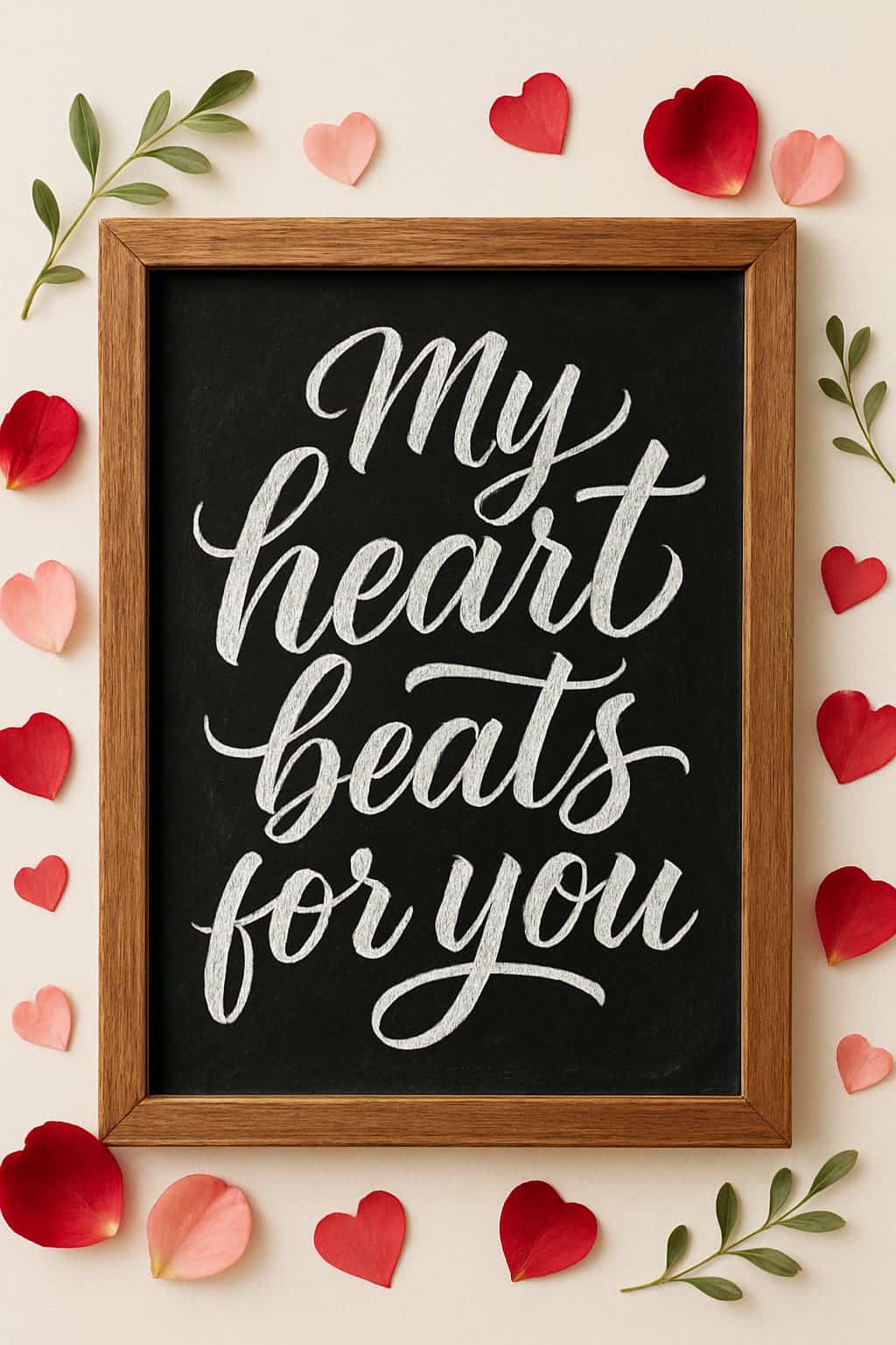 A wood framed chalkboard sign with decorative lettering surrounded by Valentine’s Day themed decorations including rose petals and hearts.