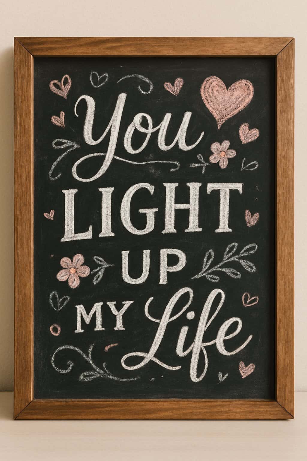 A wood framed chalkboard sign with decorative hand lettering surrounded by subtle Valentine’s Day themed accents.