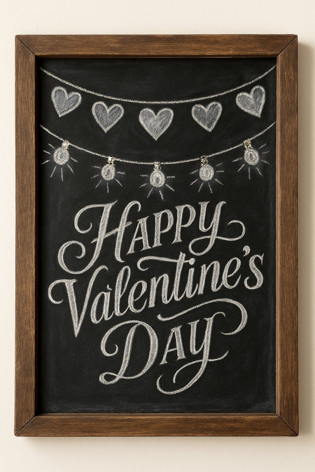 A wood framed chalkboard decorated with heart garlands and string lights on a clean background.