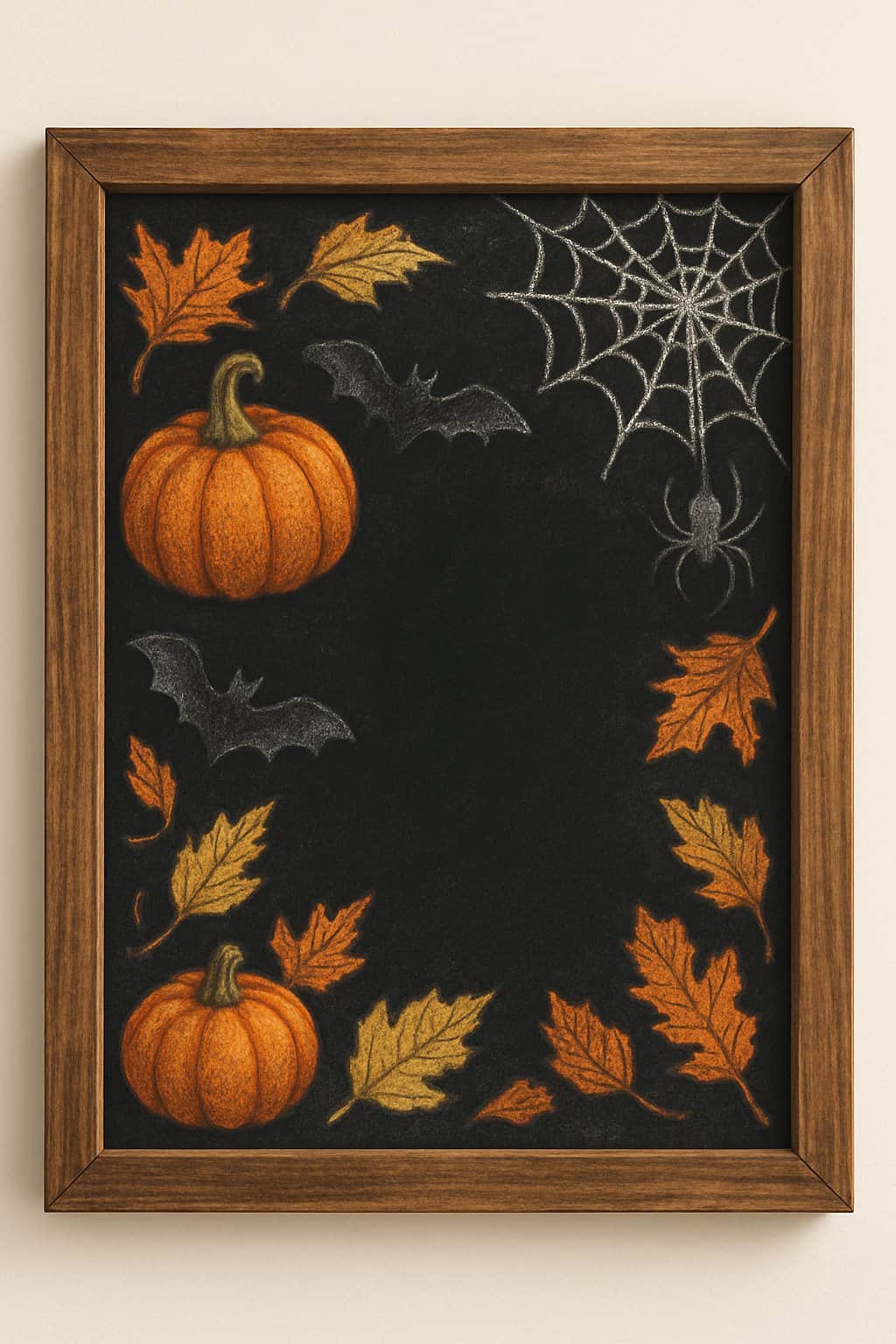 A wood framed chalkboard with Halloween-themed drawings of pumpkins, bats, spider webs, and autumn leaves on a clean background.