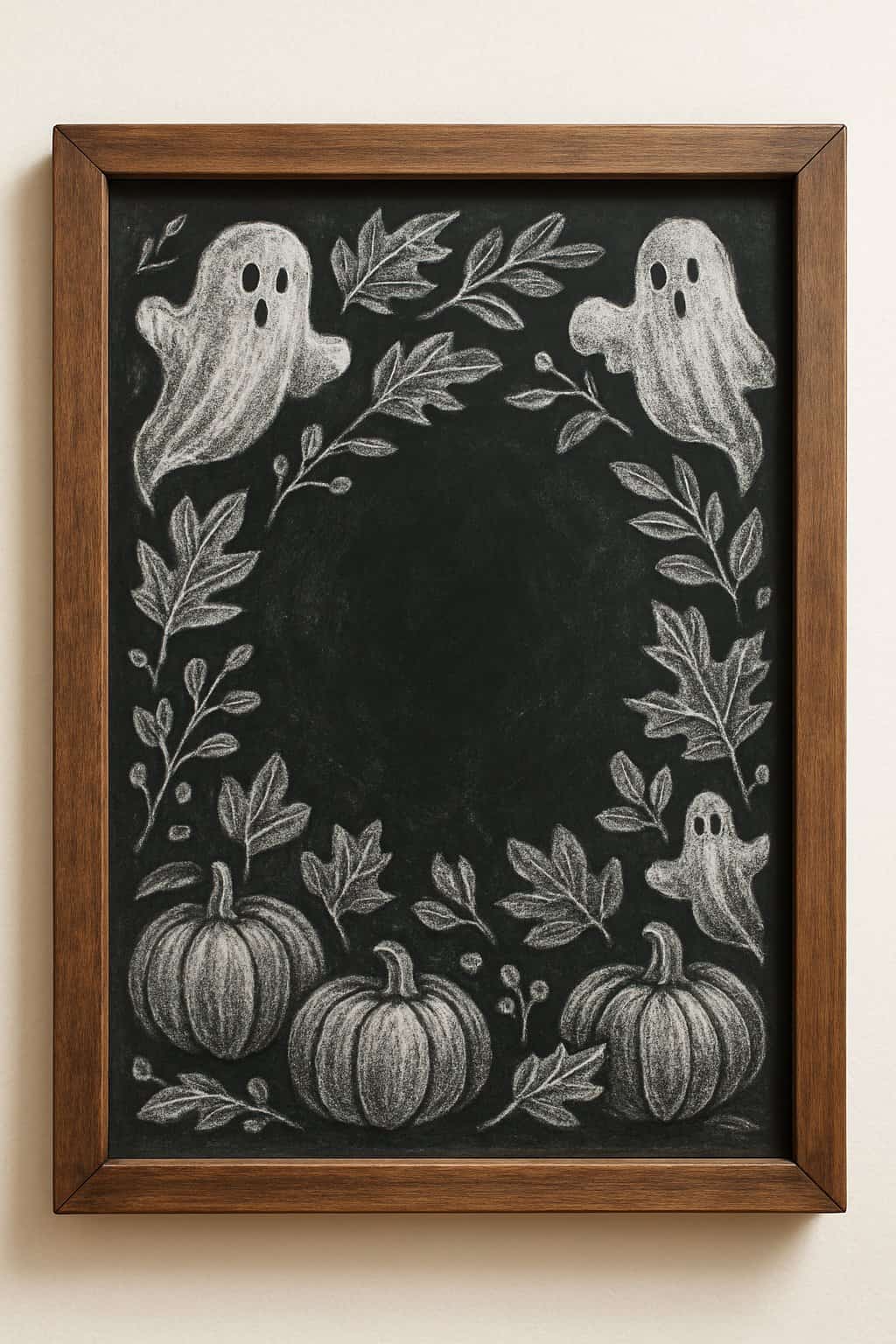 A wood framed chalkboard sign decorated with Halloween-themed chalk art including pumpkins, leaves, and ghosts, displayed against a plain background with natural light.
