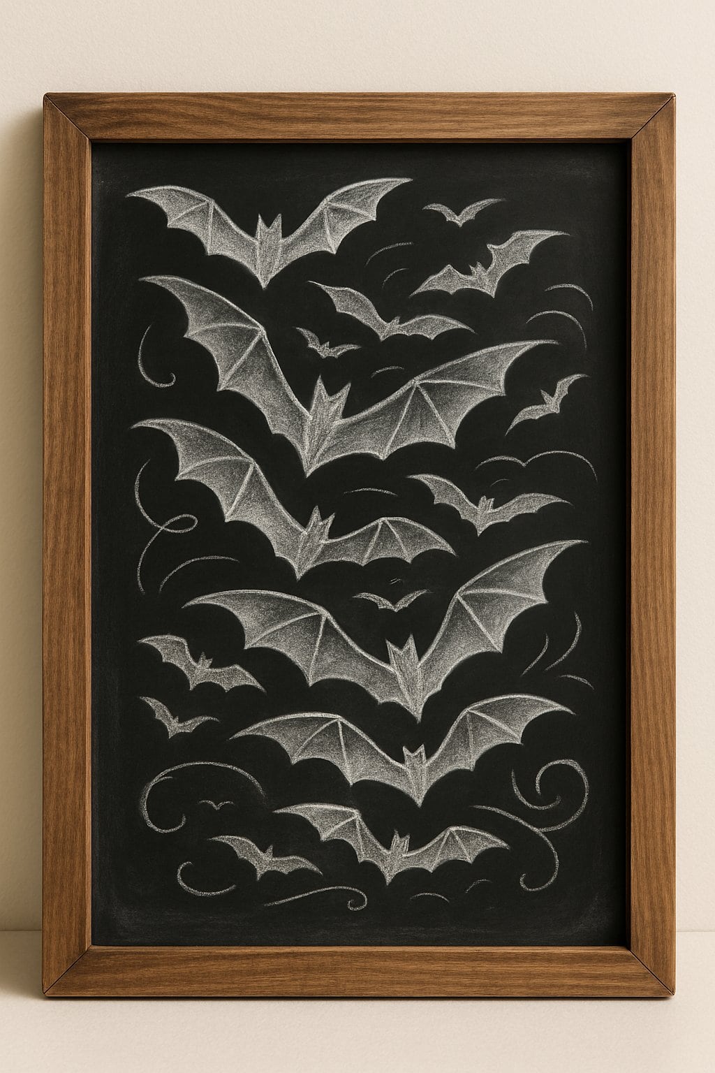 A wood framed chalkboard sign decorated with a dynamic swarm of flying bats drawn in white chalk on a dark background.