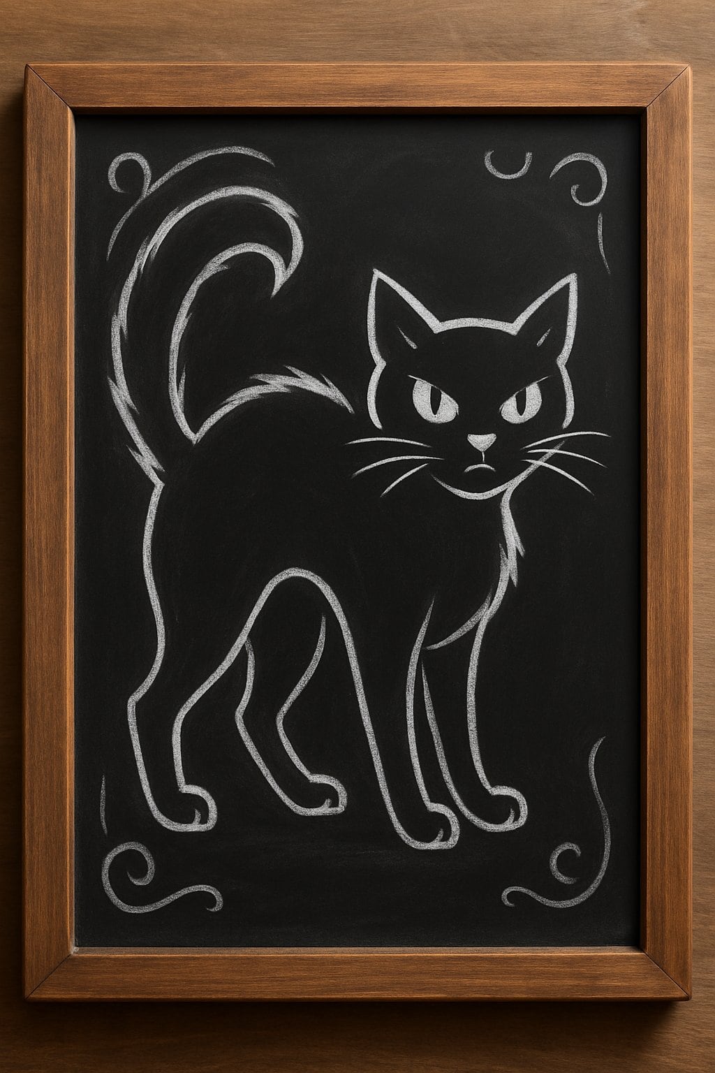 A wooden framed chalkboard sign displaying a bold outline of a black cat drawn in white chalk on a dark background.