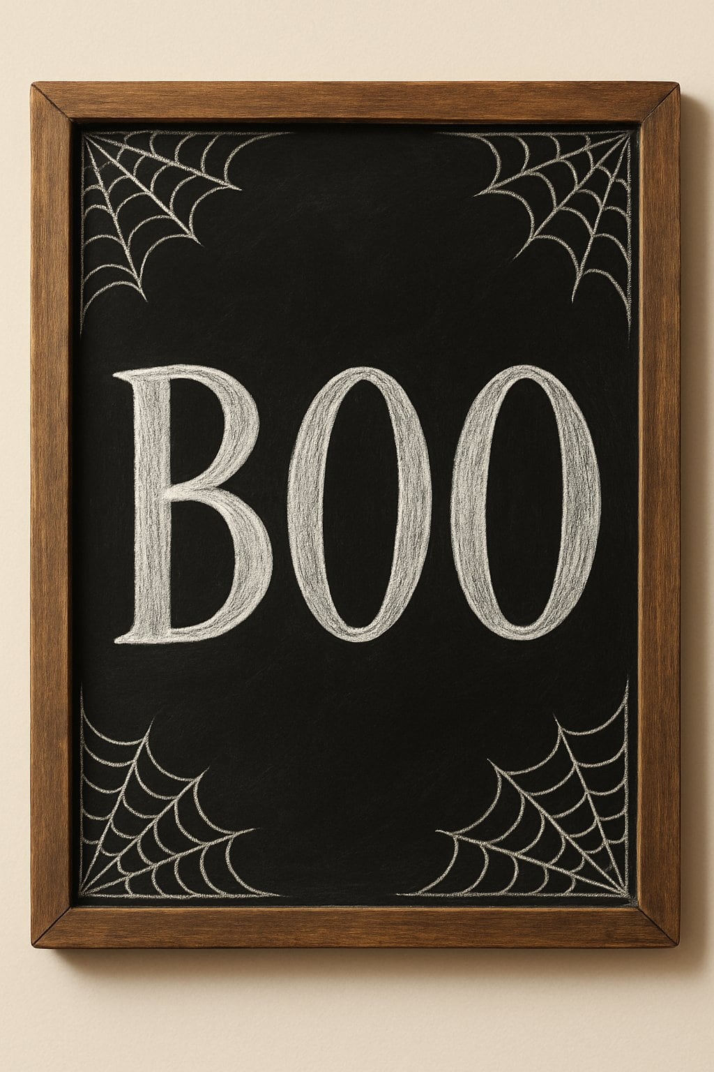 A wood framed chalkboard with decorative spider web designs in each corner and artistic chalk drawings on a clean background.
