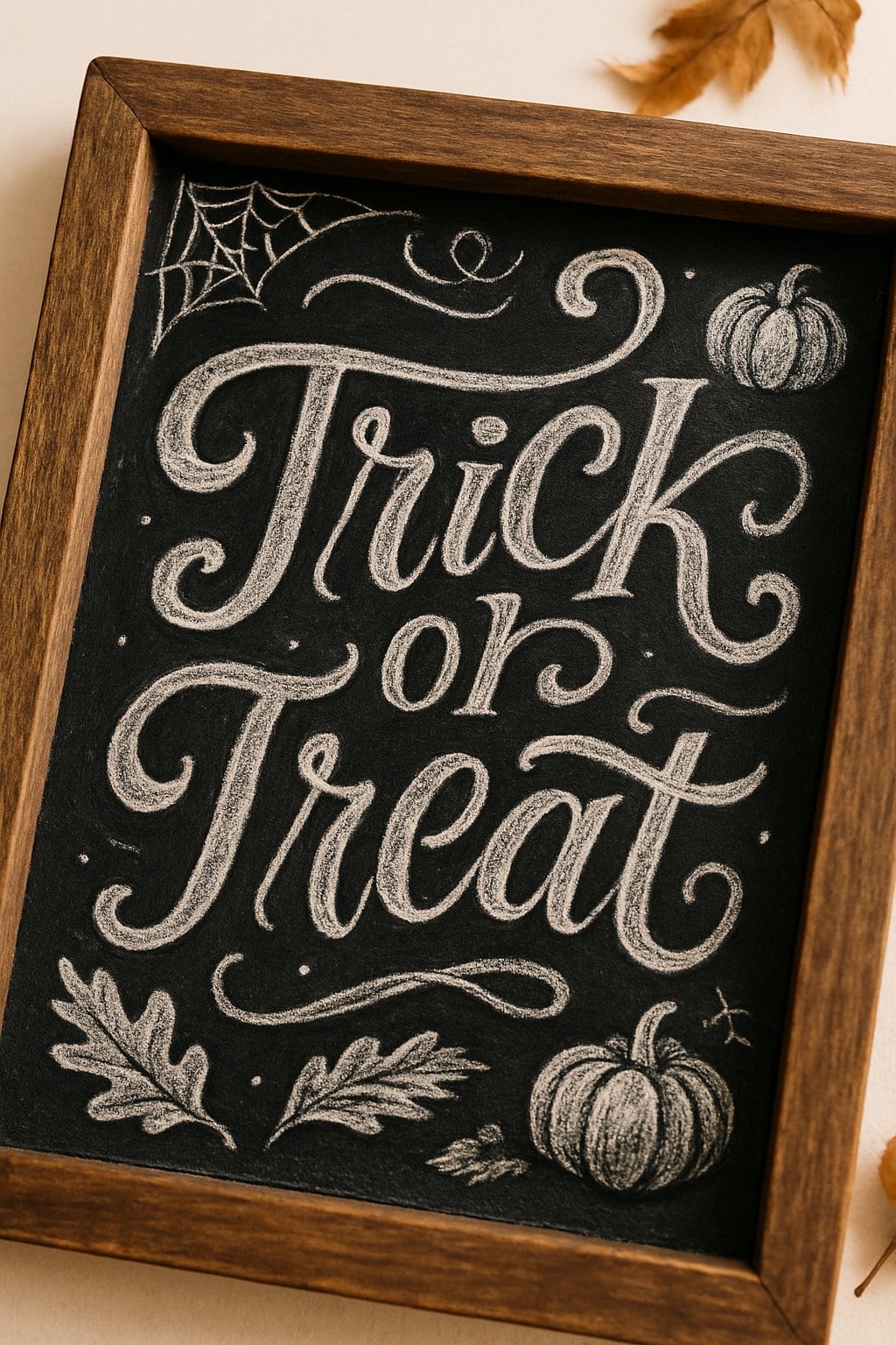 A wooden framed chalkboard with Halloween-themed artistic lettering surrounded by small pumpkins and autumn leaves.