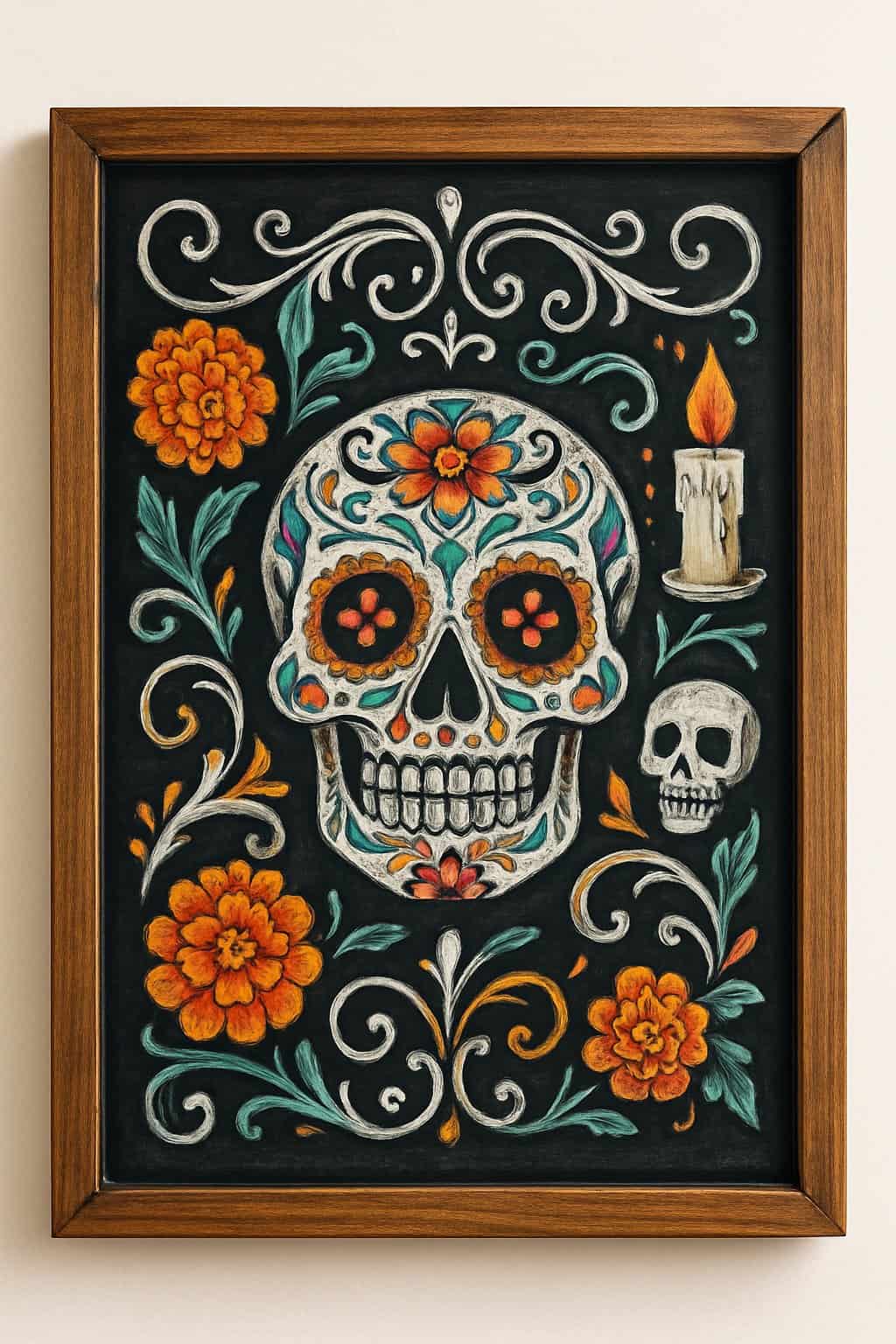 A wood framed chalkboard sign featuring a detailed sugar skull illustration with floral and candle decorations on a clean background.