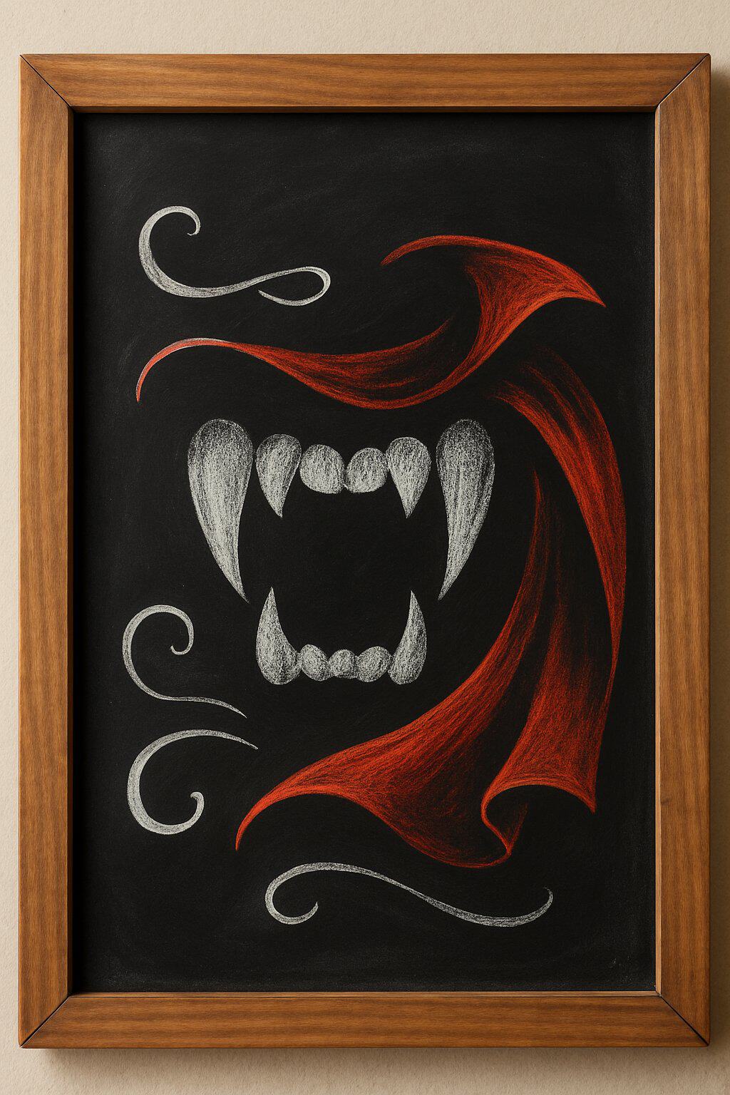 A wood framed chalkboard sign with artistic drawings of vampire fangs and a cape, displayed against a clean background.
