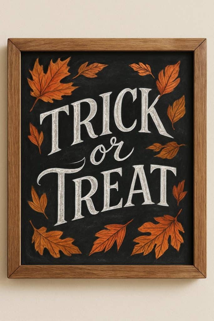 A framed chalkboard sign with the words “Trick or Treat” in white lettering, surrounded by orange autumn leaves drawn on a black background.
