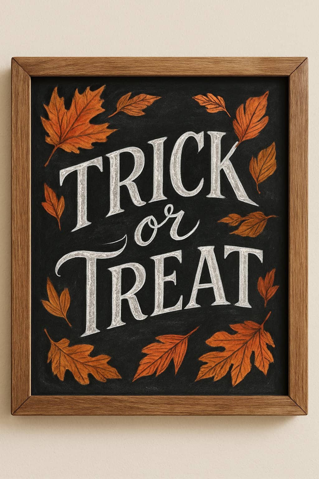 A wood framed chalkboard with artistic fall leaves decoration around the edges and hand drawn lettering in the center.