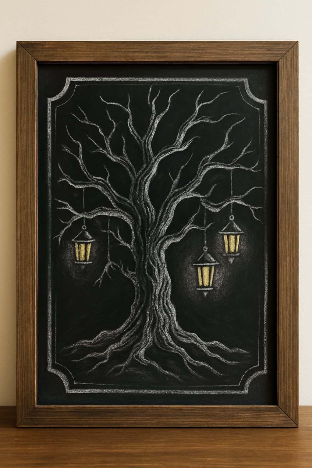 A chalkboard sign with a wood frame displaying a spooky tree with hanging lanterns glowing softly.