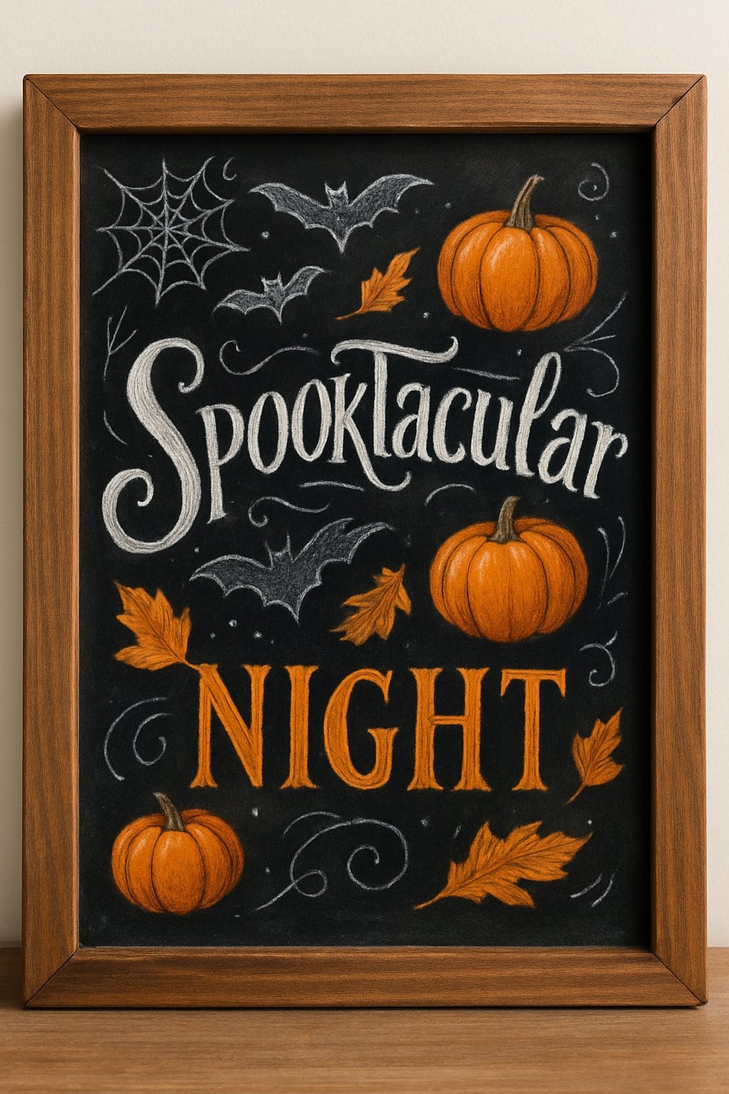 A wood framed chalkboard with hand drawn Halloween-themed illustrations and lettering surrounded by pumpkins, bats, spider webs, and autumn leaves.