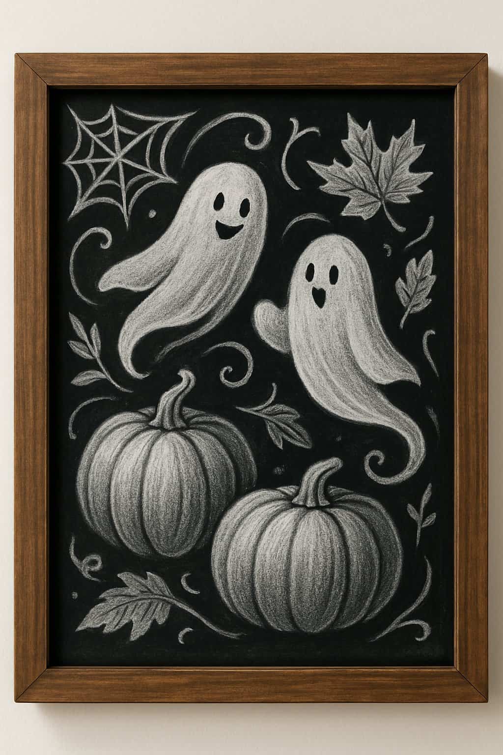 A wood-framed chalkboard with Halloween-themed chalk drawings including ghosts, pumpkins, cobwebs, and autumn leaves on a clean background.