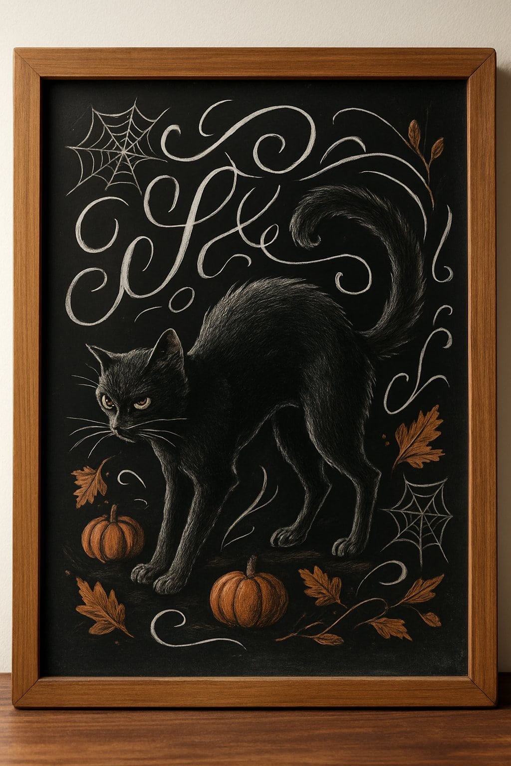 A chalkboard sign showing a black cat with an arched back surrounded by small pumpkins, spider webs, and autumn leaves, all framed by natural wood.