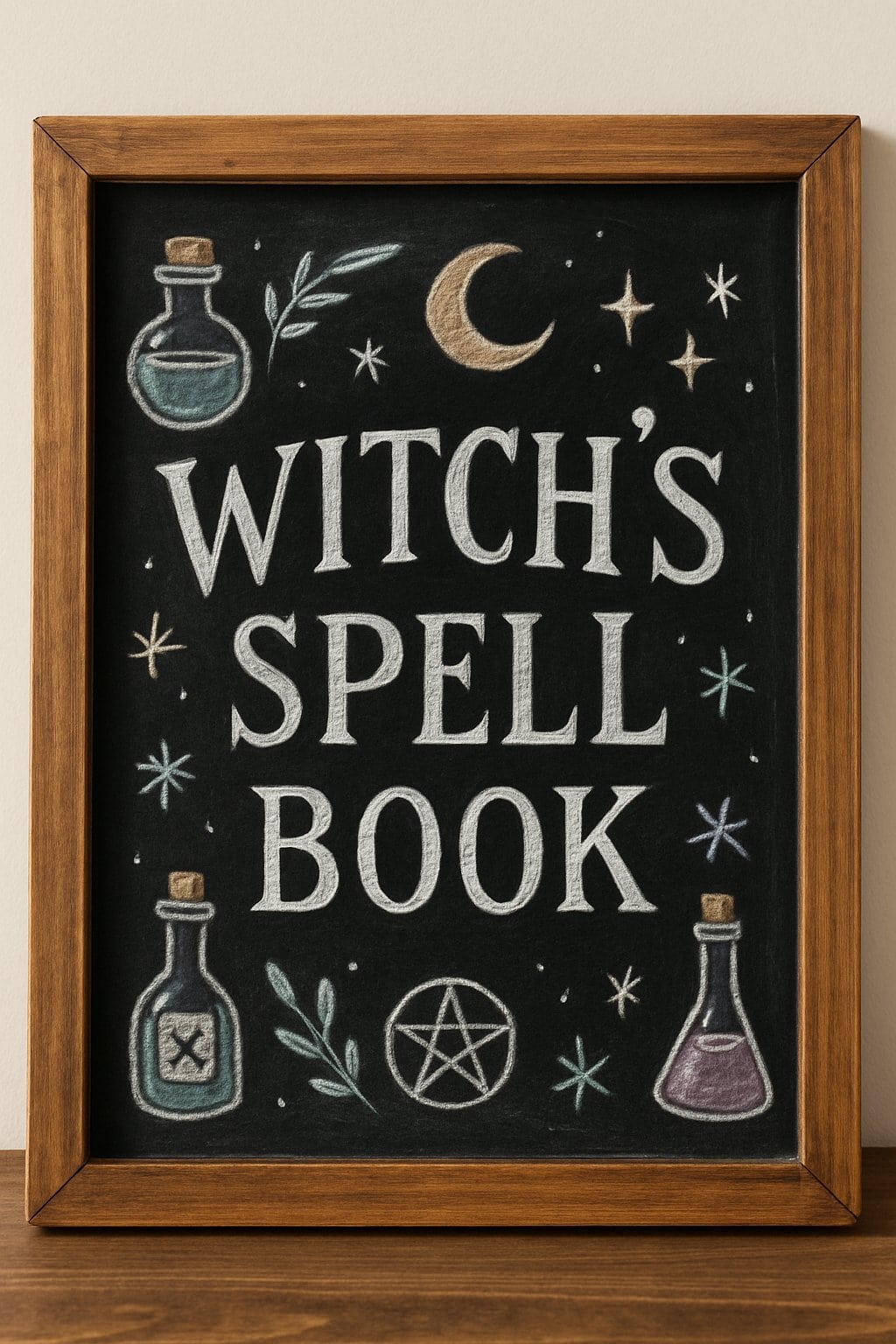 A wood framed chalkboard sign displaying artistic Halloween-themed lettering and illustrations with a clean background.