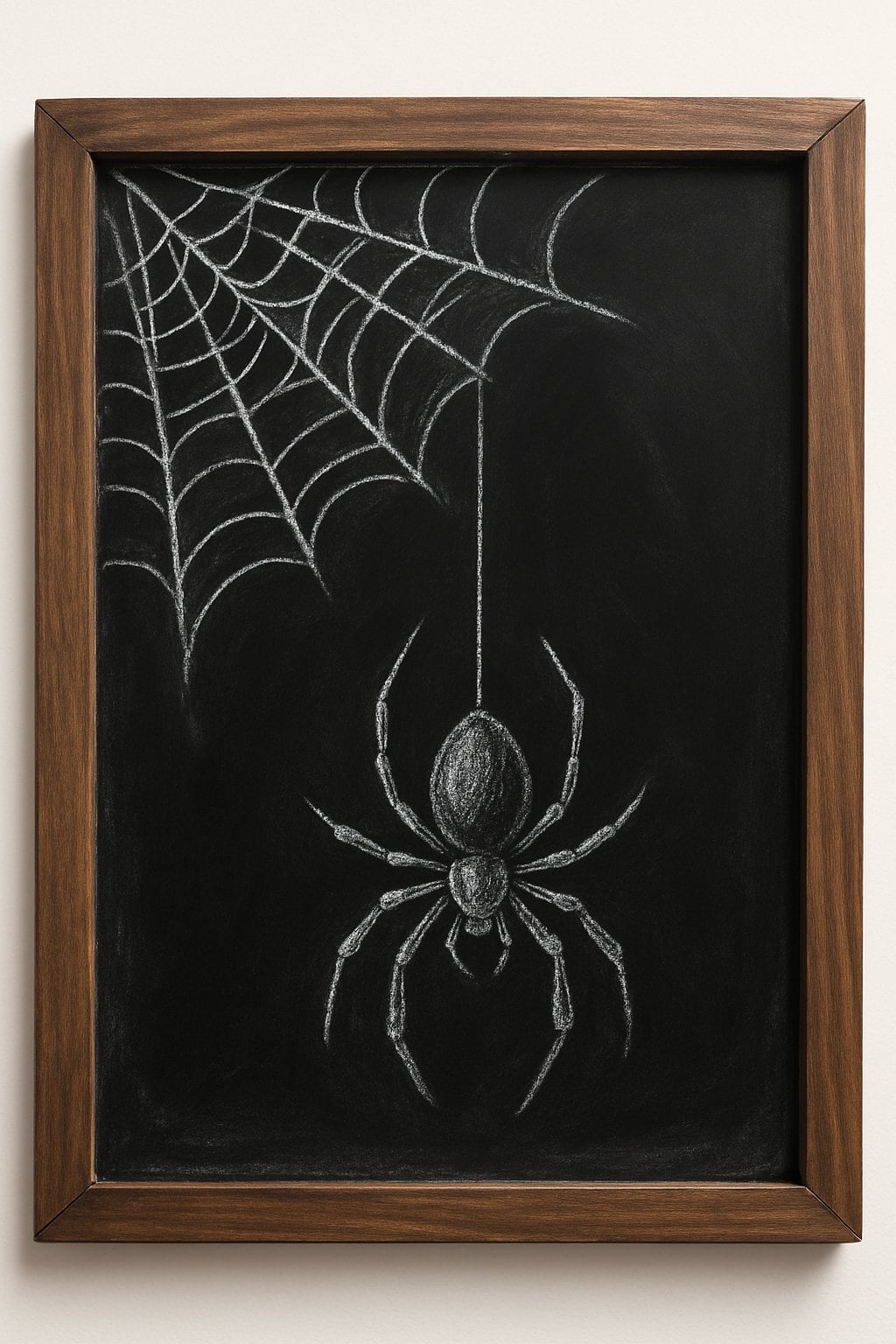 A chalkboard sign showing a spider hanging from a web inside a wooden frame.