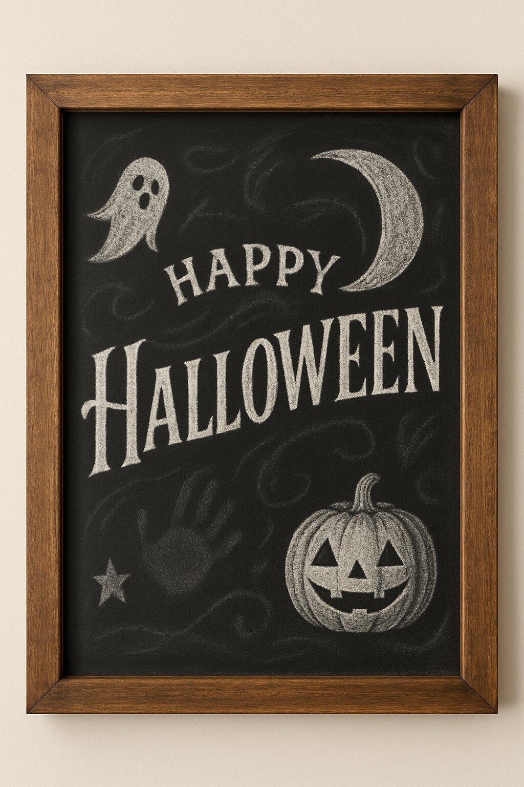 A wooden framed chalkboard with Halloween-themed chalk art featuring ghostly handprints and seasonal decorative elements.