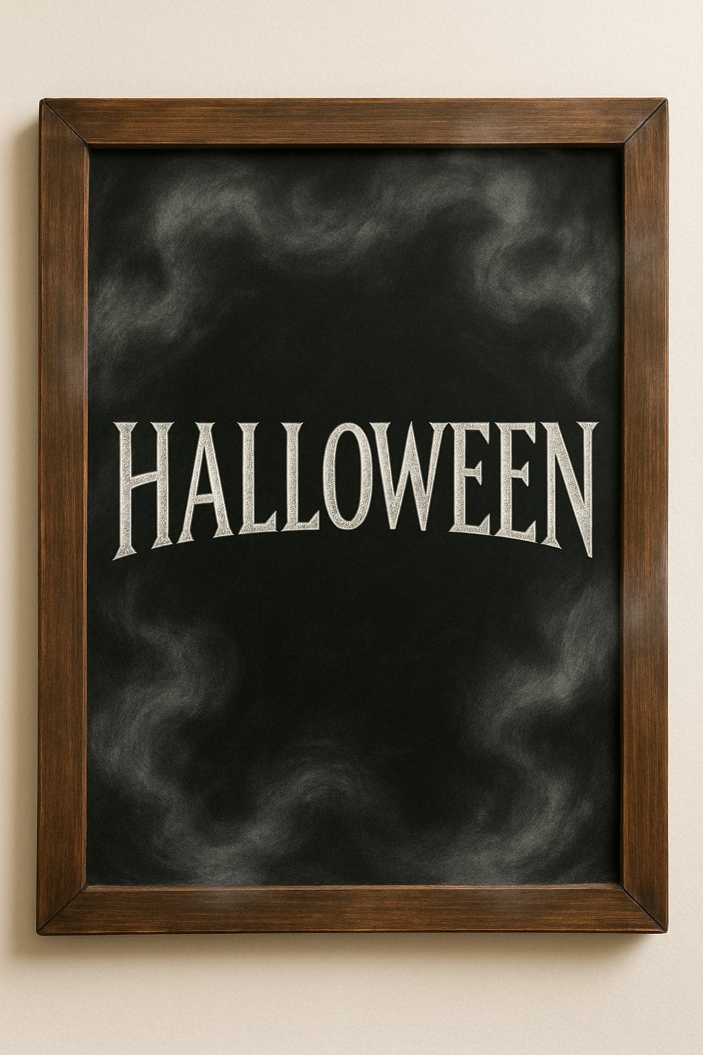 A wood framed chalkboard sign with Halloween-themed chalk art surrounded by subtle fog effects.