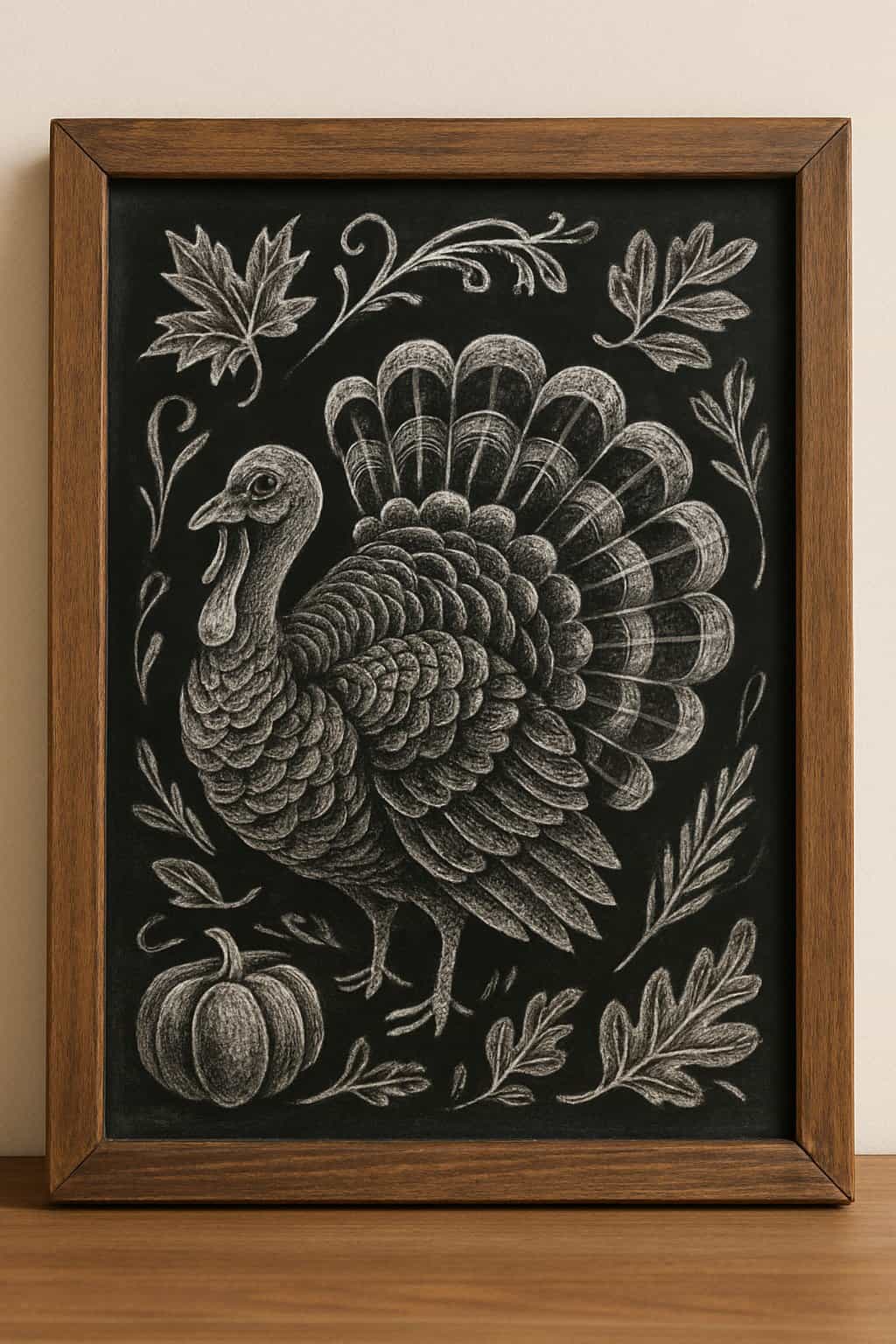 A wood framed chalkboard sign displaying artistic turkey and fall-themed chalk drawings on a clean background.