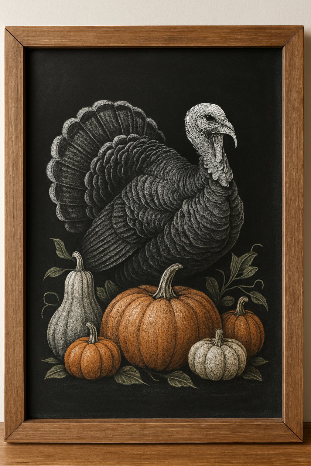 A chalkboard sign with a wood frame showing a chalk drawing of a turkey surrounded by pumpkins and gourds.