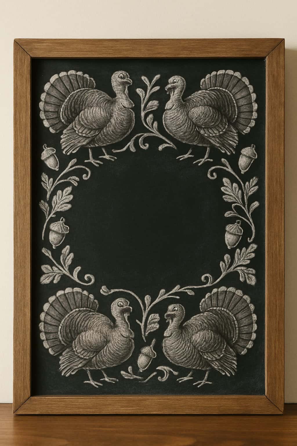 A wood framed chalkboard with a detailed border of turkeys and acorns surrounding an empty central area.