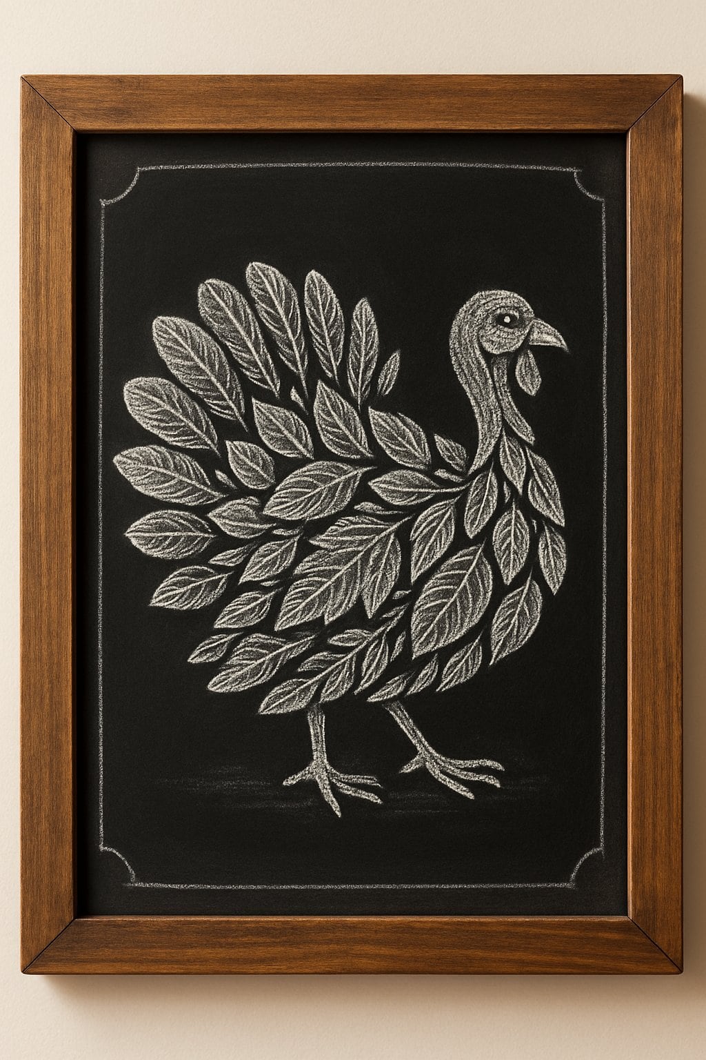 A wood framed chalkboard sign displaying a turkey made from various leaf shapes drawn in white chalk on a black surface.