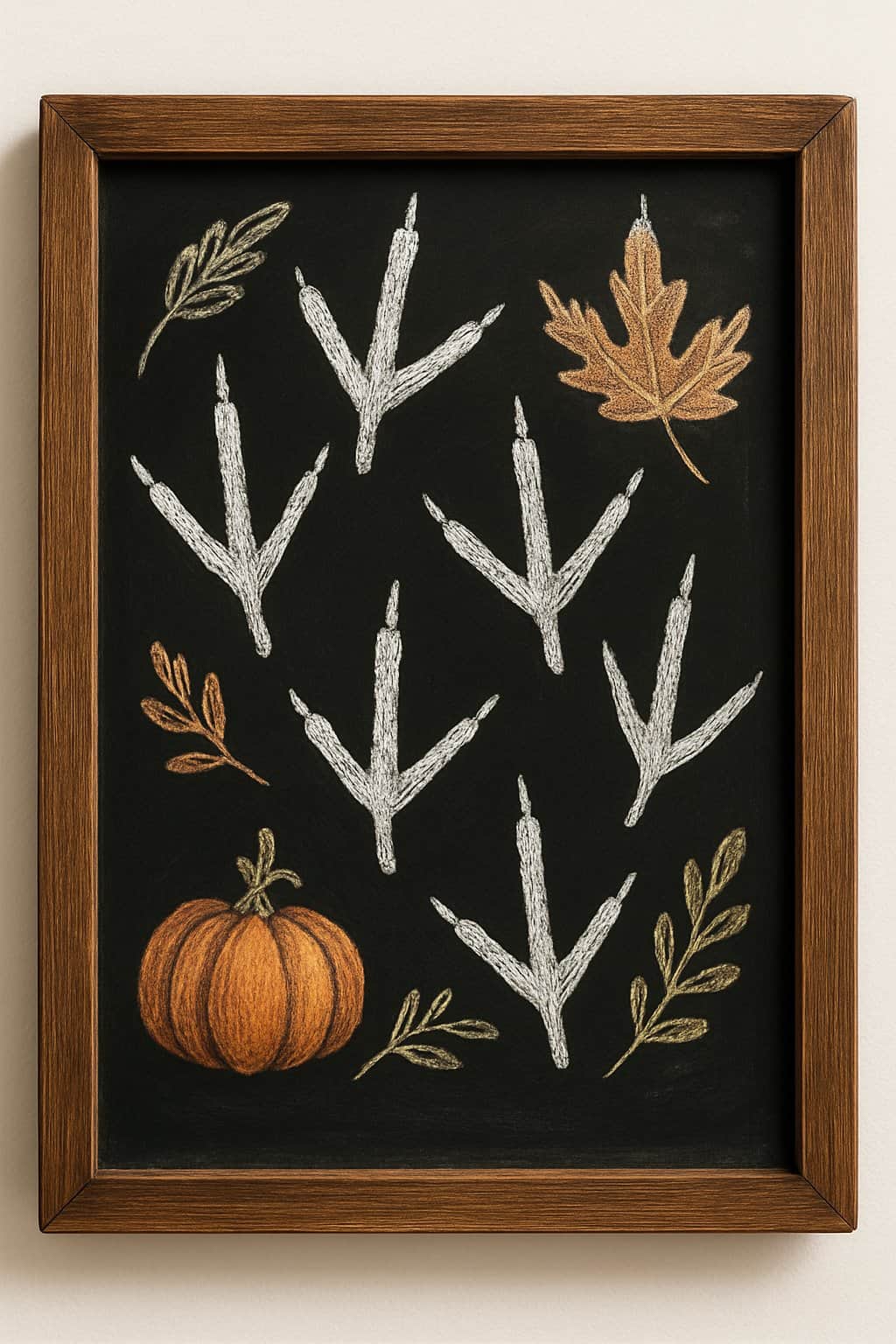 A wooden framed chalkboard sign displaying hand-drawn turkey footprints and autumn-themed decorative elements on a clean background.