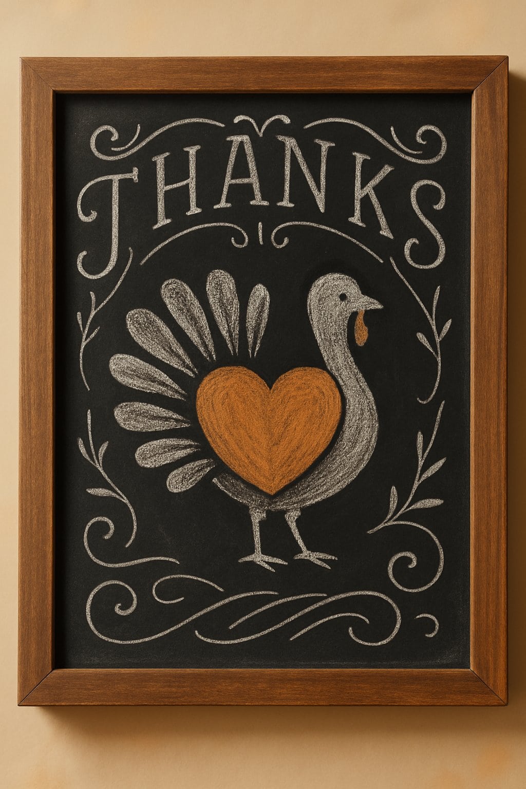 A wood framed chalkboard sign with a simple turkey illustration featuring a heart-shaped body.