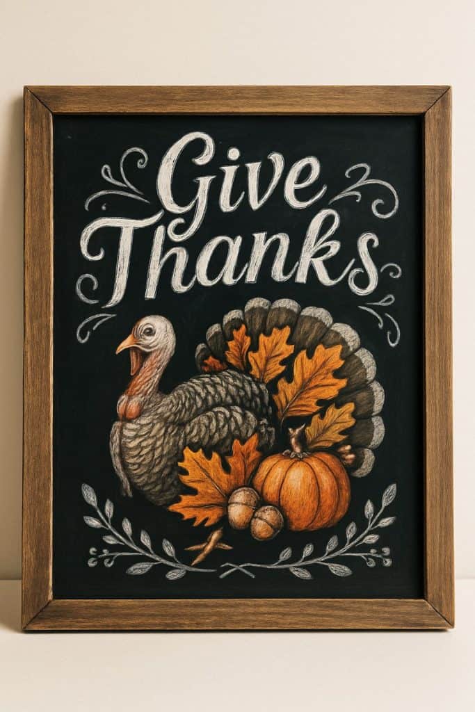 A framed chalkboard-style sign with the words "Give Thanks," featuring an illustrated turkey, autumn leaves, pumpkins, and acorns.
