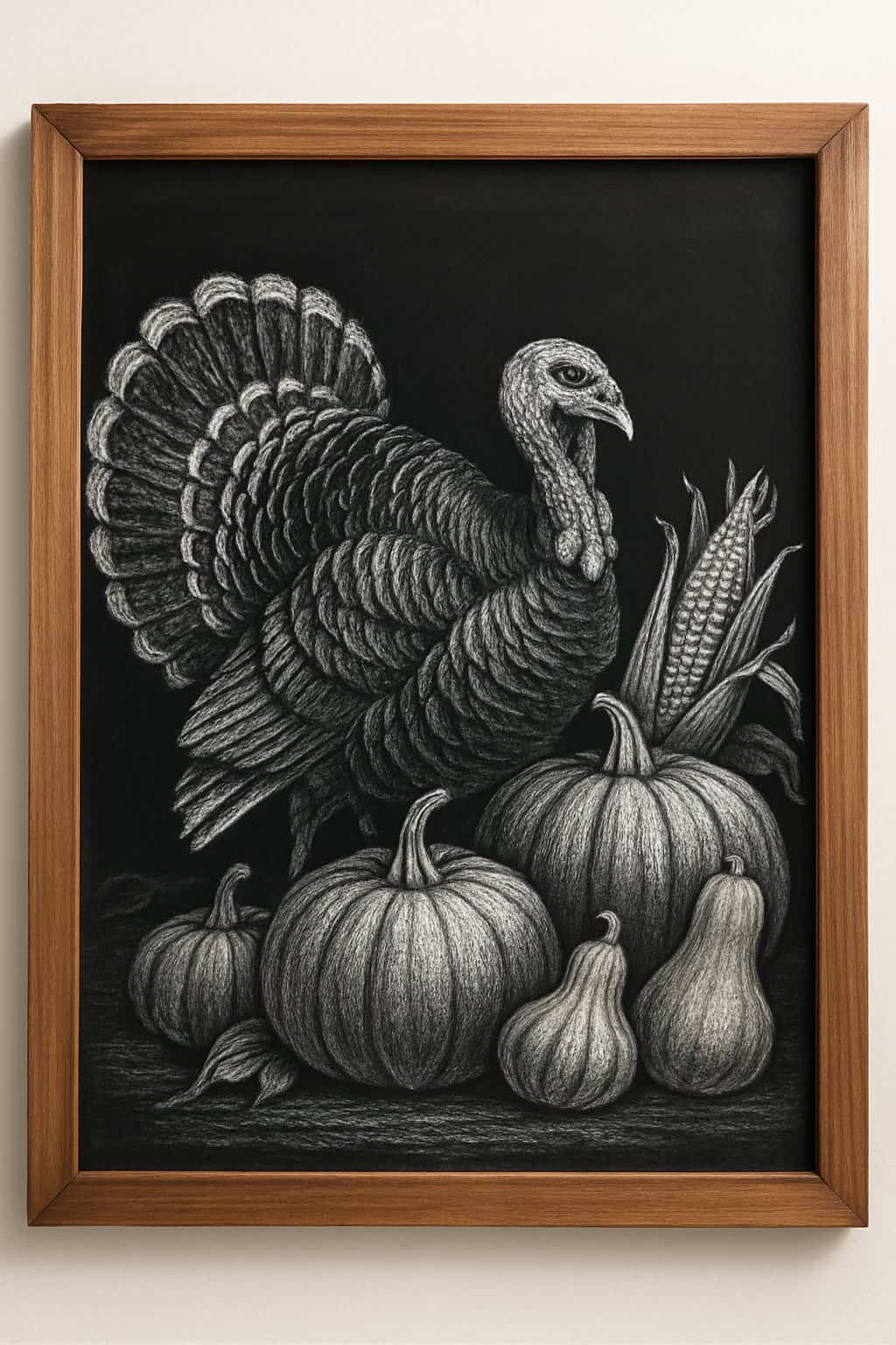 A wood framed chalkboard with a chalk drawing of a turkey next to various harvest vegetables like pumpkins and corn.