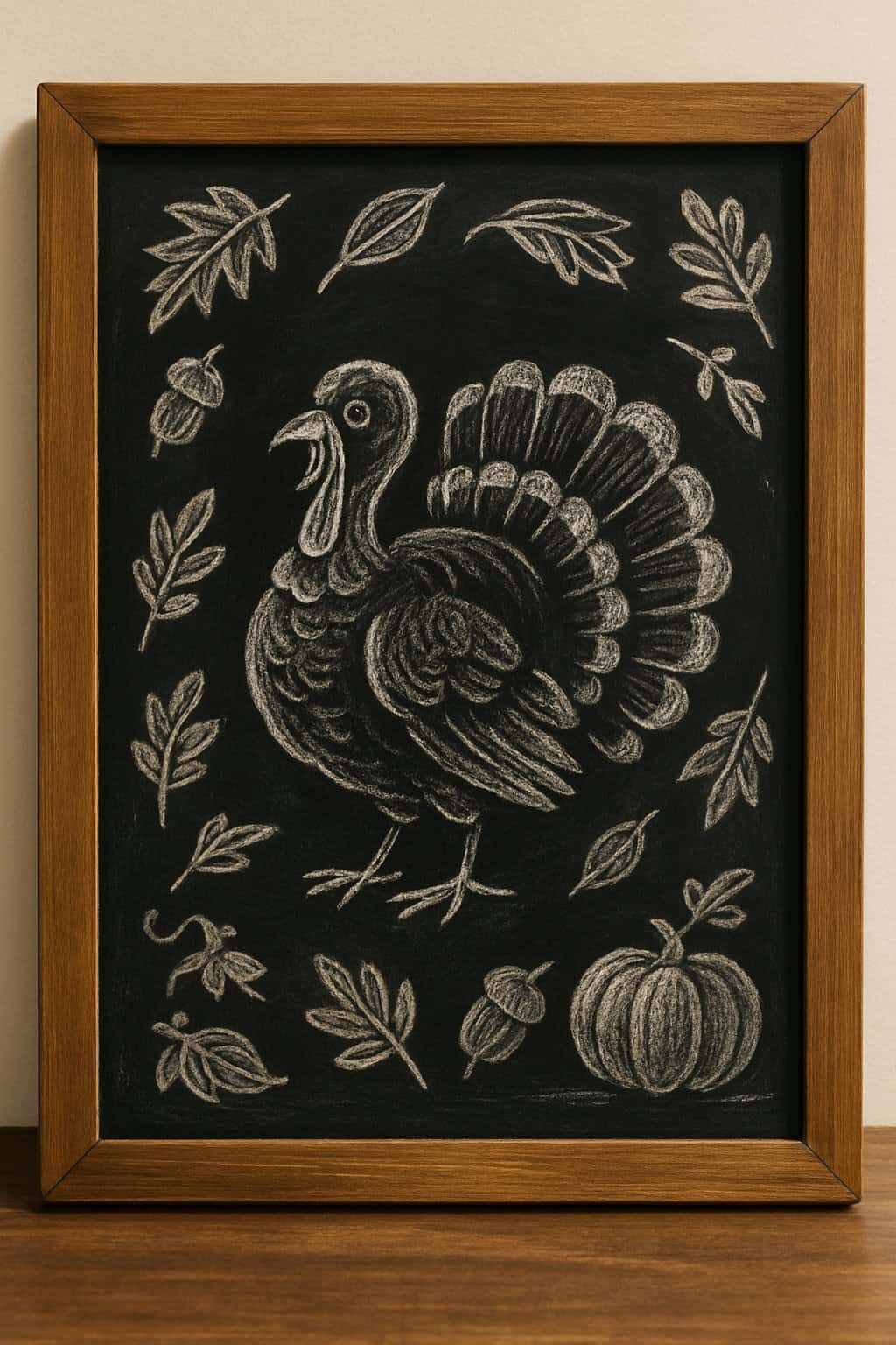A wood framed chalkboard sign with a playful turkey drawing surrounded by autumn leaves, acorns, and pumpkins on a clean background.