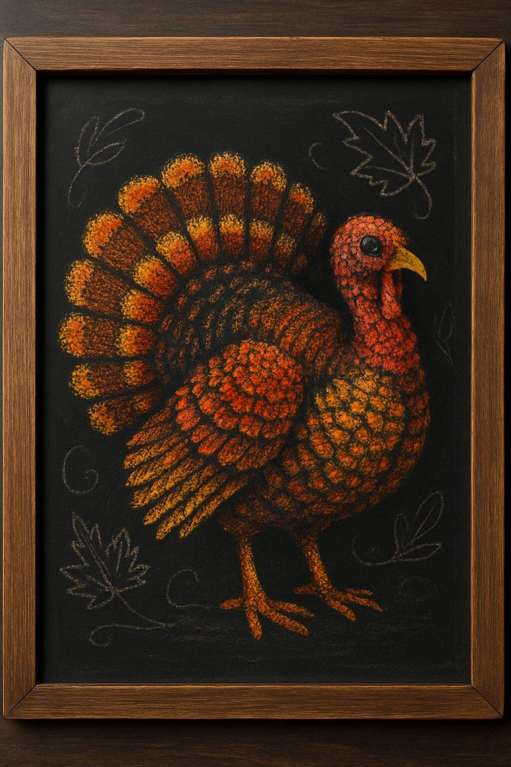 A chalkboard sign with a colorful turkey made of chalk dots, framed in wood, set against a clean dark background with subtle fall-themed decorations.
