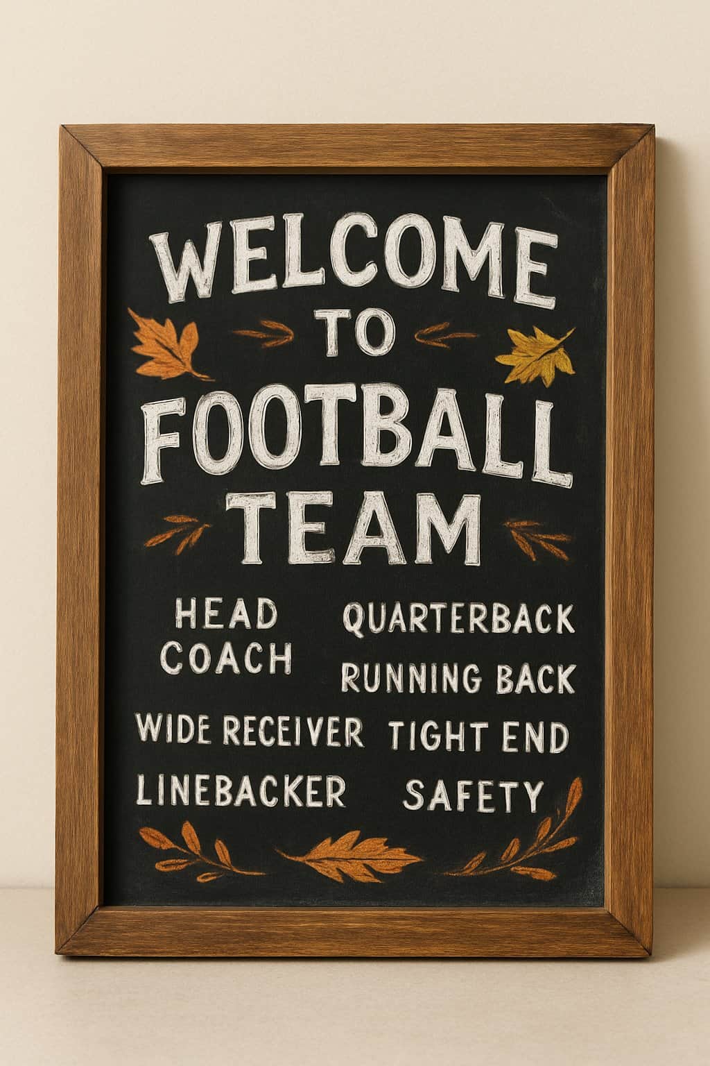 A wood-framed chalkboard sign with artistic chalk lettering and seasonal autumn decorations on a clean background.