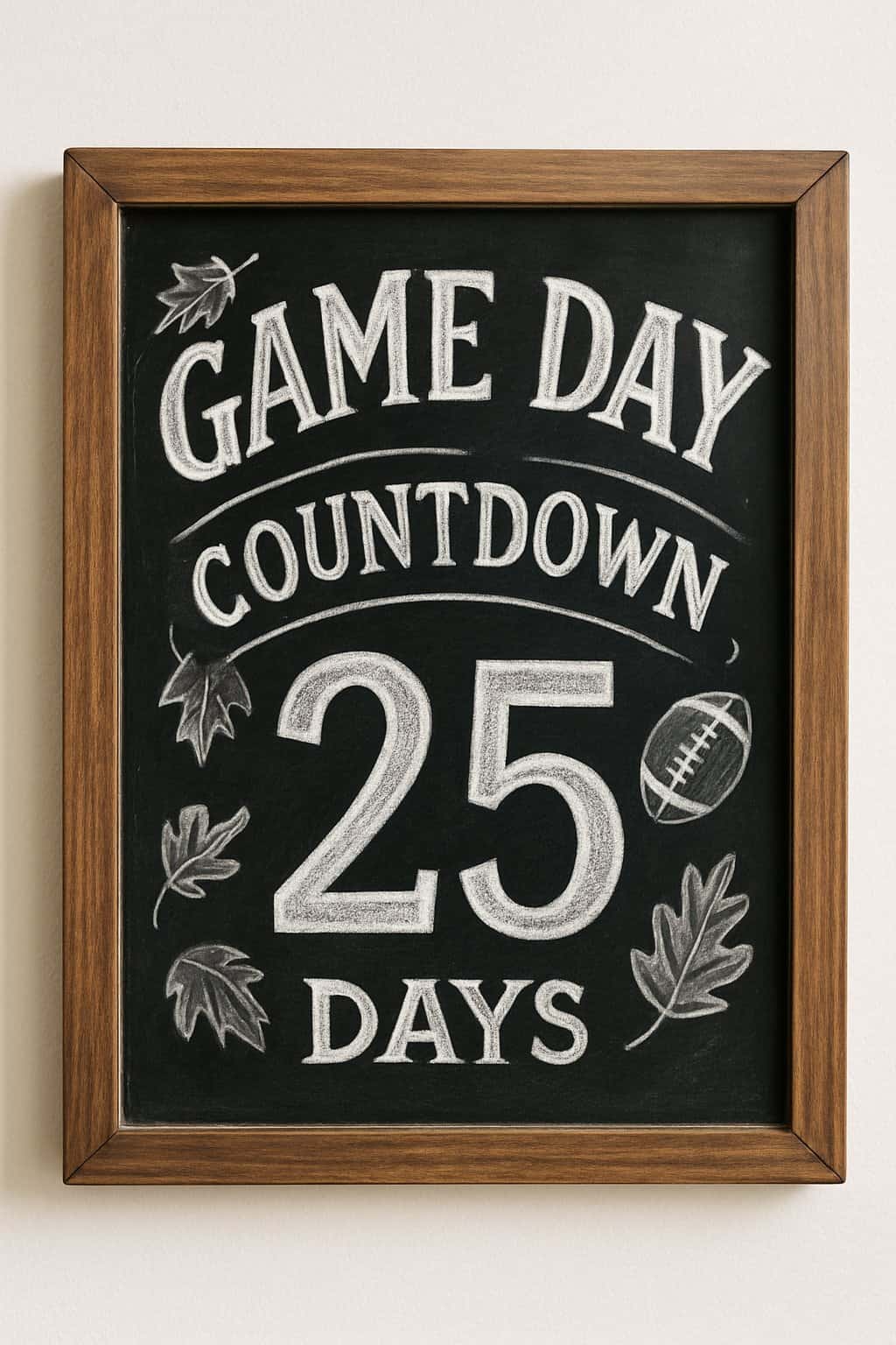 A wood framed chalkboard sign with football-themed artwork and decorative seasonal elements around the edges.