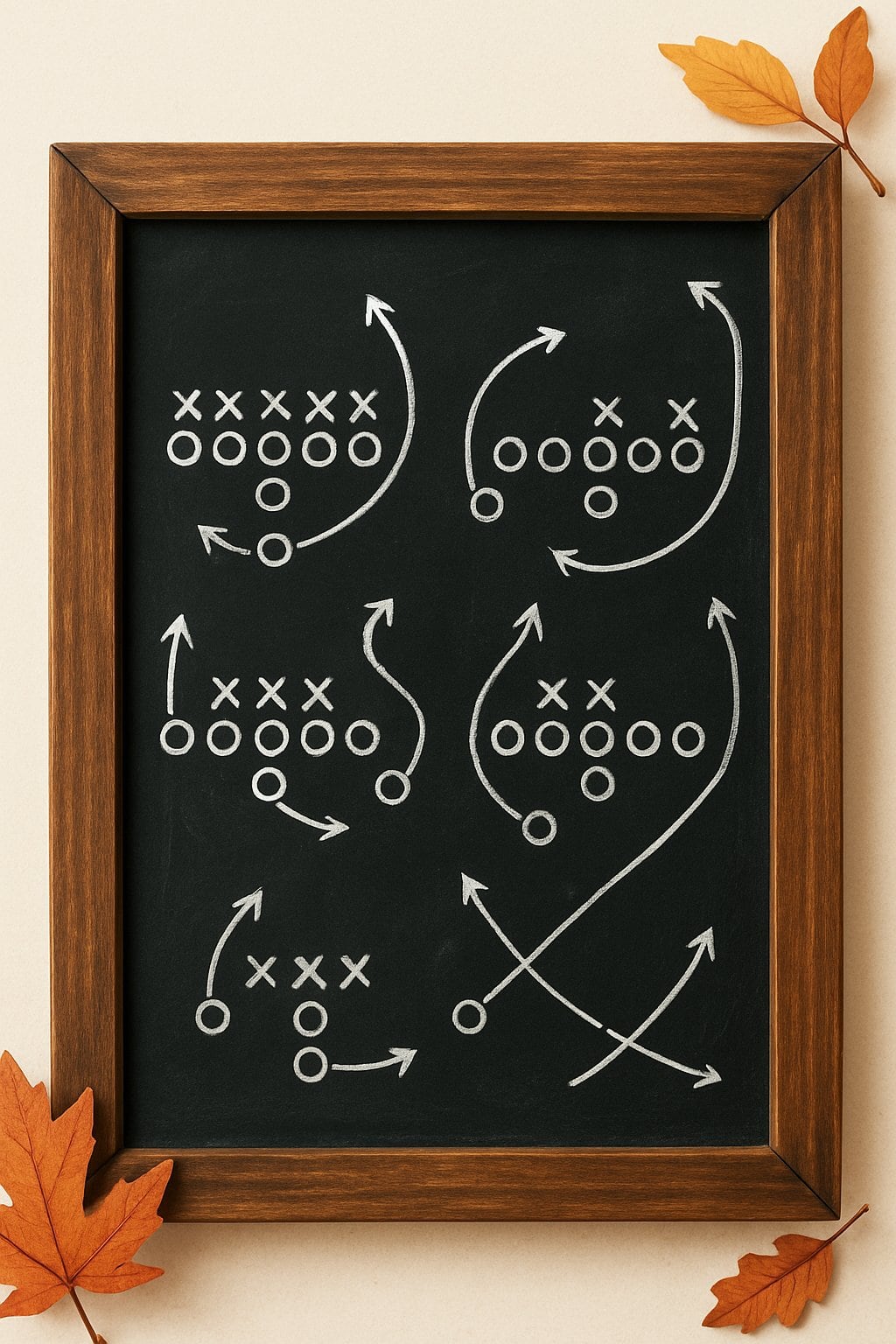 A wood-framed chalkboard showing detailed football formation play diagrams with clean lines and shapes, surrounded by subtle seasonal decorations on a clean background.