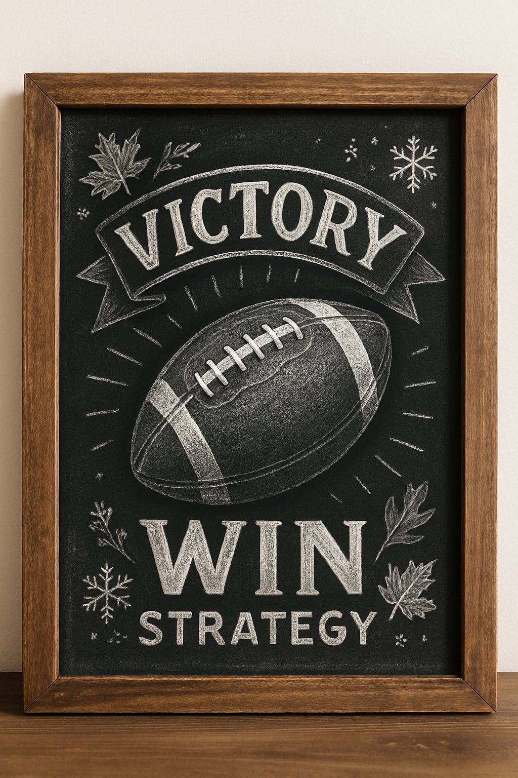 A wood framed chalkboard sign with artistic football-themed chalk art, surrounded by subtle seasonal decorations and natural light.