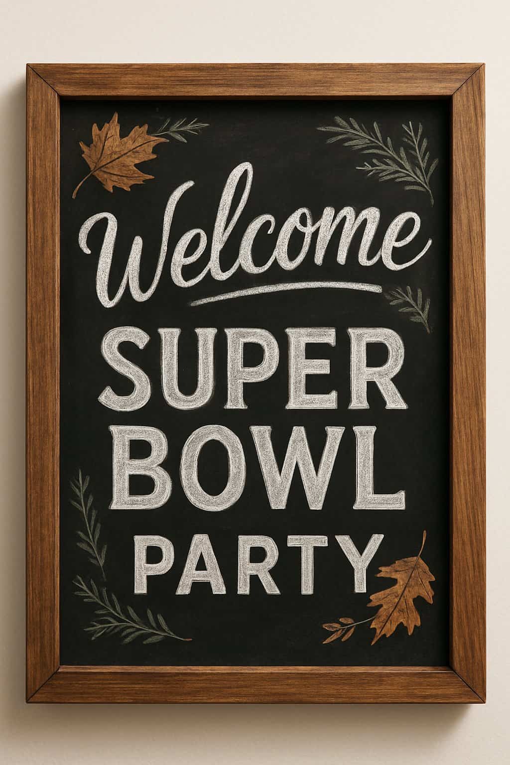 A wood framed chalkboard sign displayed on a clean surface with seasonal decorations around it.