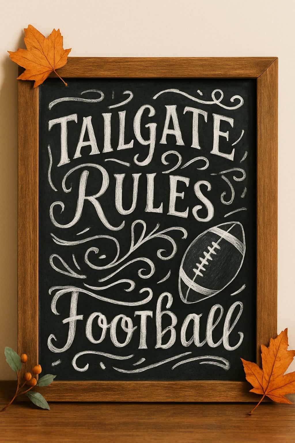 A wood-framed chalkboard sign with artistic chalk lettering surrounded by subtle autumn decorations on a clean background.