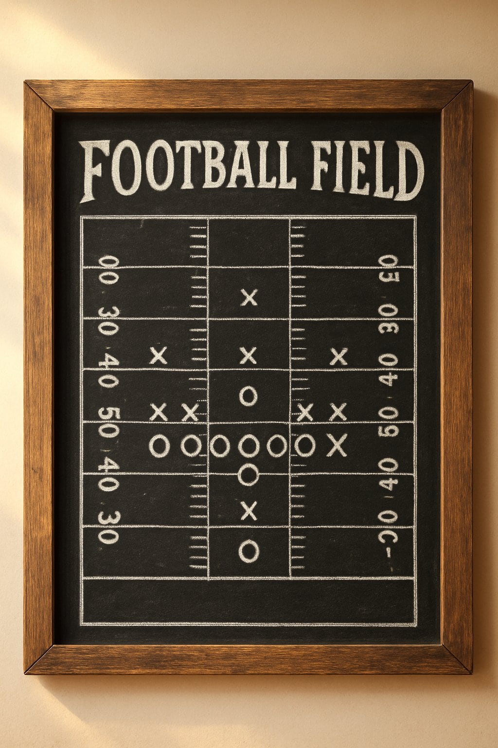 A wood framed chalkboard displaying a detailed diagram of a football field with player positions marked.