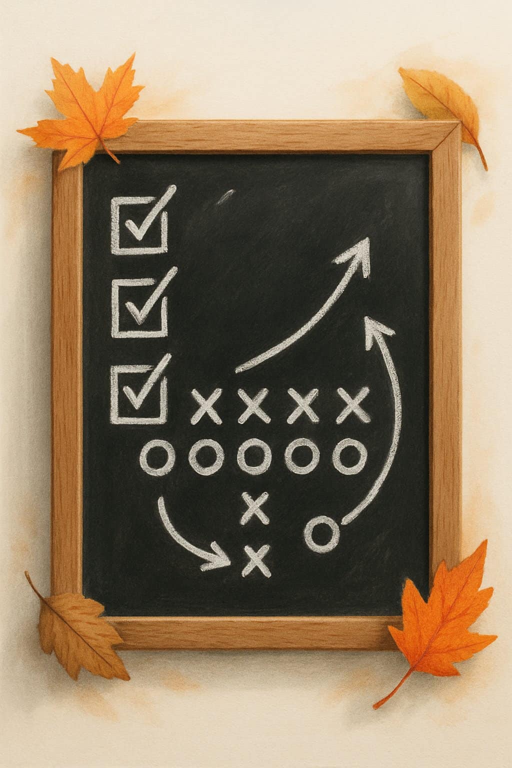 A wood framed chalkboard with artistic chalk drawings of football play diagrams and checklist marks, set against a clean background with soft natural lighting and subtle seasonal accents.