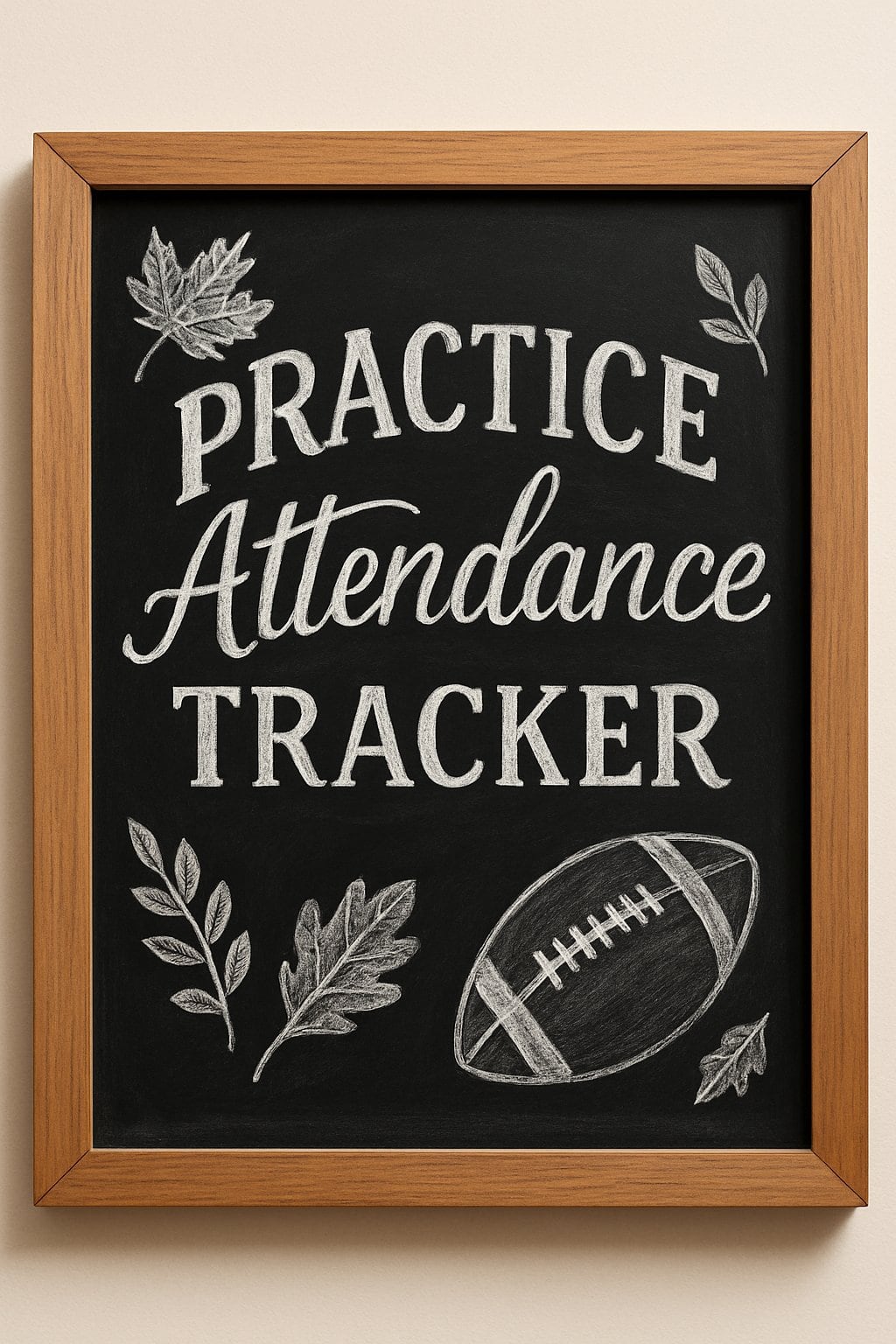 A wood framed chalkboard sign with artistic chalk drawings and decorative football and leaf motifs, set against a clean background with natural lighting.
