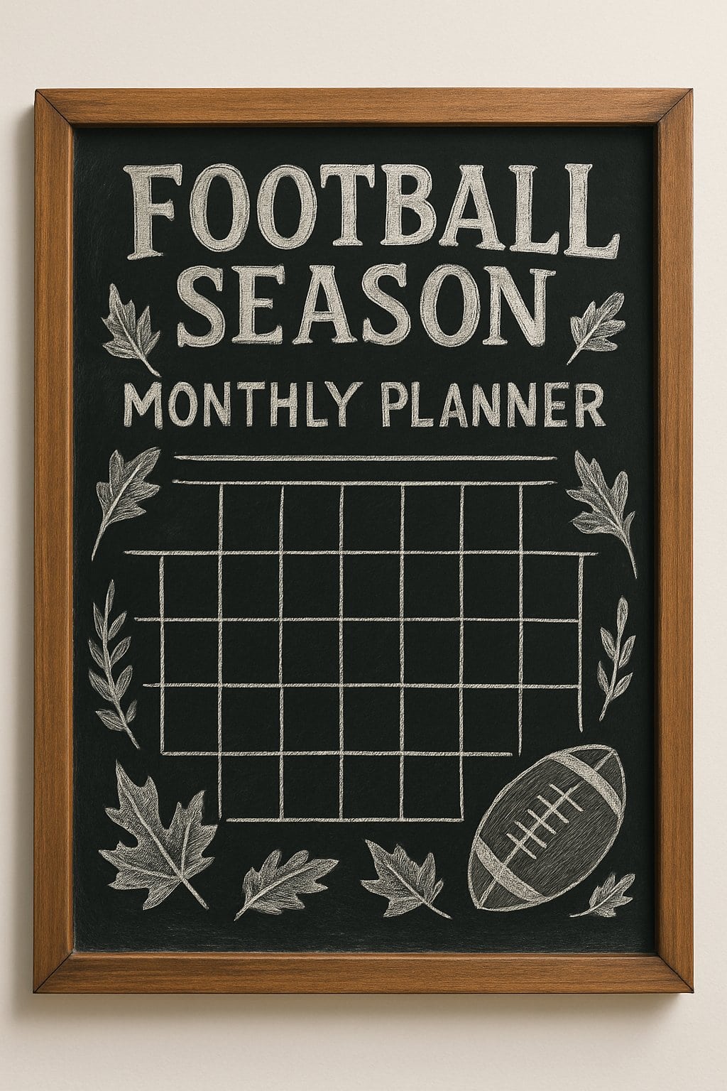 A wood framed chalkboard displaying a football season monthly planner with decorative football and autumn elements.
