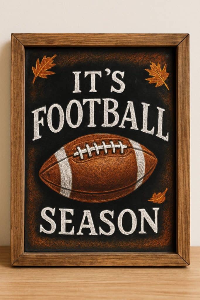 Framed chalkboard sign with an illustration of a football, autumn leaves, and the words "It's Football Season" written in bold white letters.