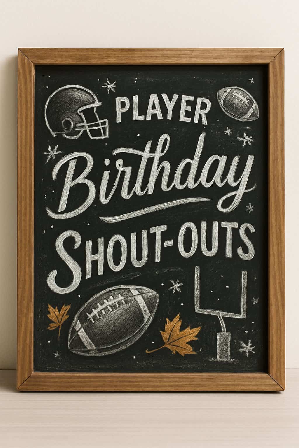 A wood framed chalkboard sign decorated with football-themed and seasonal illustrations, set against a plain background.