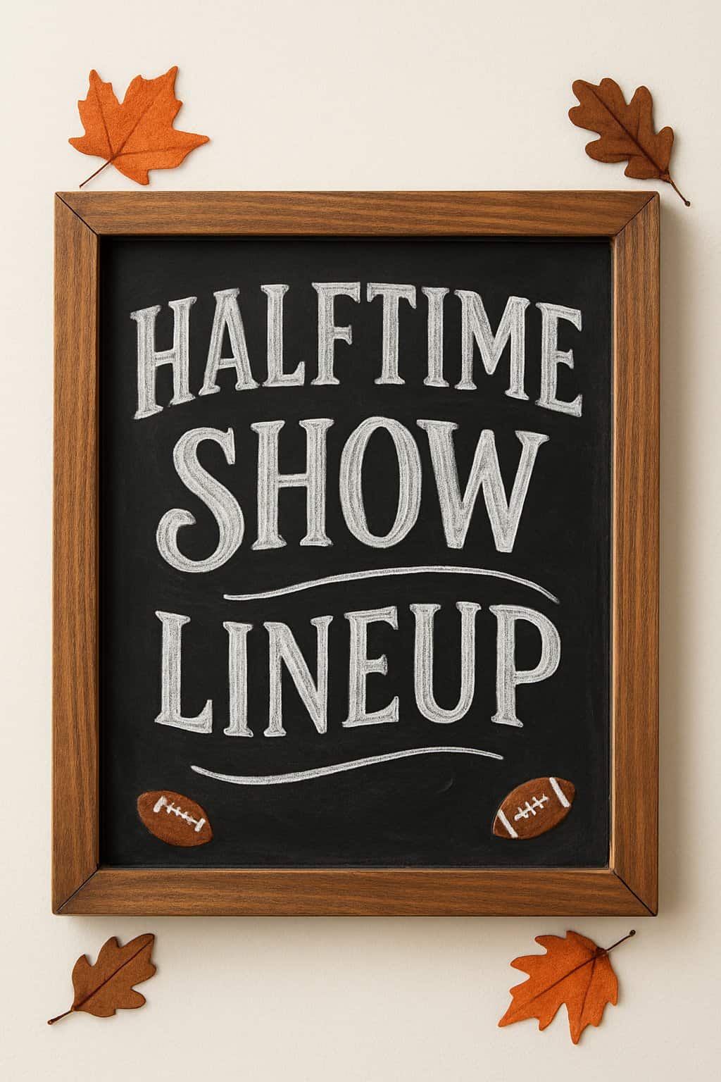 A wood framed chalkboard sign with artistic lettering surrounded by autumn leaves and small football decorations.