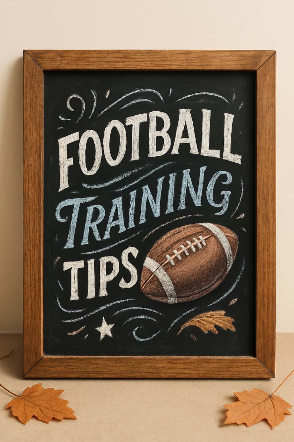 A wooden framed chalkboard with artistic football-themed chalkboard art surrounded by subtle autumn leaves on a clean surface.